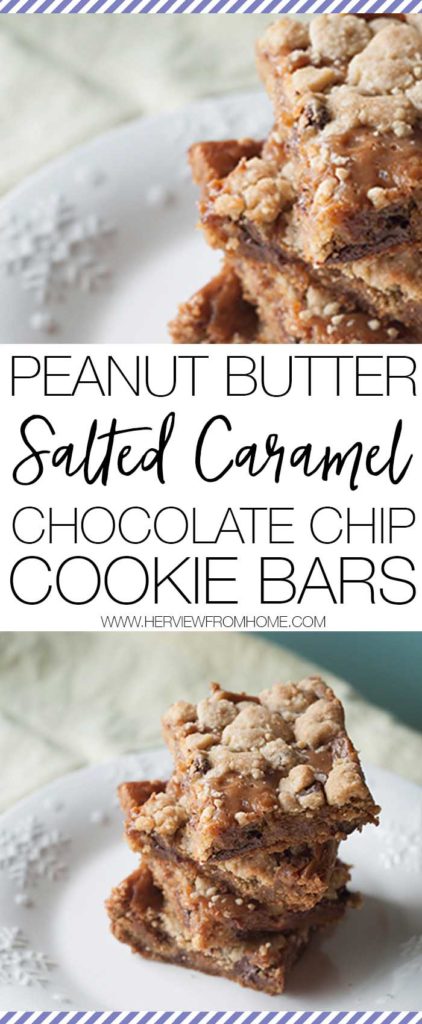 We all know that anything salted caramel is delicious... but add in peanut butter and chocolate chips as well and you have the most incredible cookie bar recipe you will ever see. These are so delicious, you'll be raving about them in no time. 