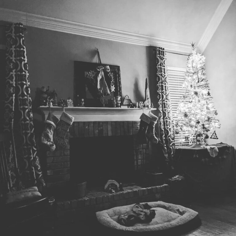 Black and white photo of Christmas hearth