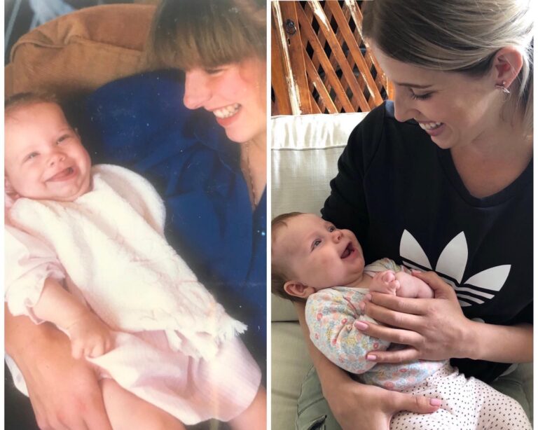 Mom holding newborn side by side photo generations