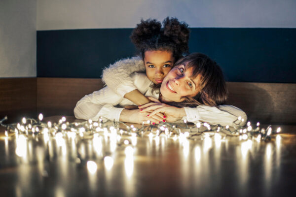 Mom and daughter Christmas lights