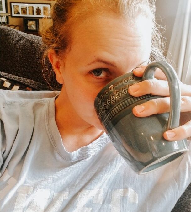 Selfie of mom drinking coffee