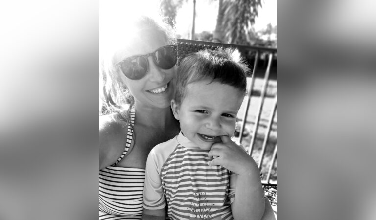 Mother and son selfie, black-and-white photo