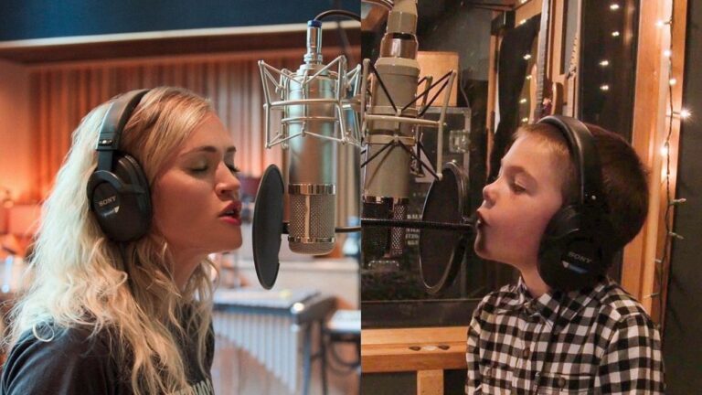 Carrie Underwood singing with son in recording studio