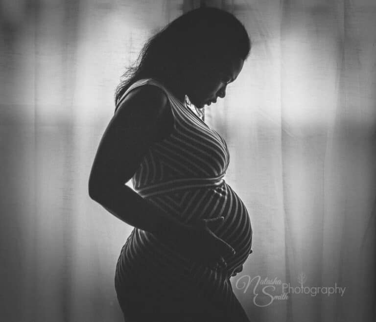 Pregnant woman, black-and-white photo
