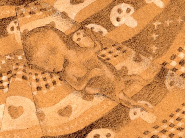 Stillborn baby on quilt, black-and-white photo