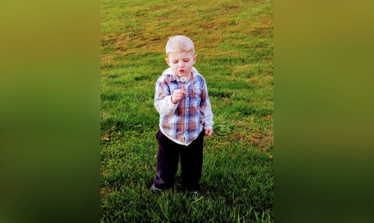 Little boy holding dandelion, color photo