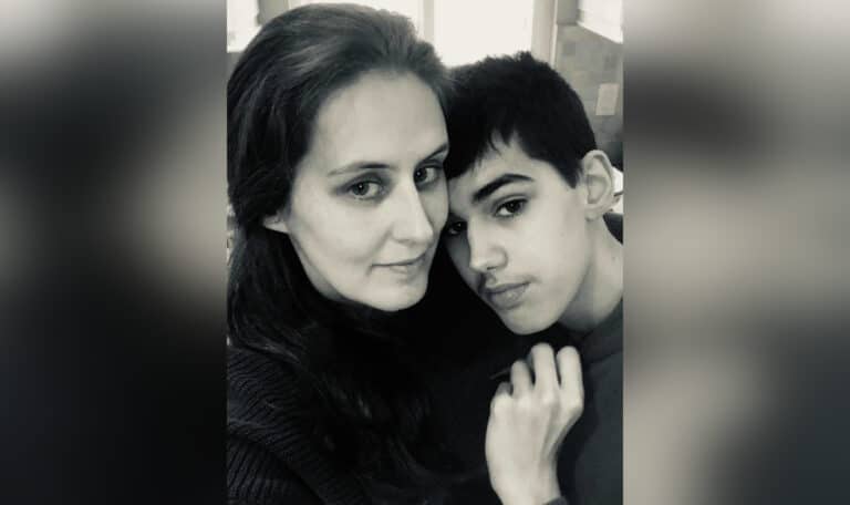 Mother and teen son, black-and-white photo