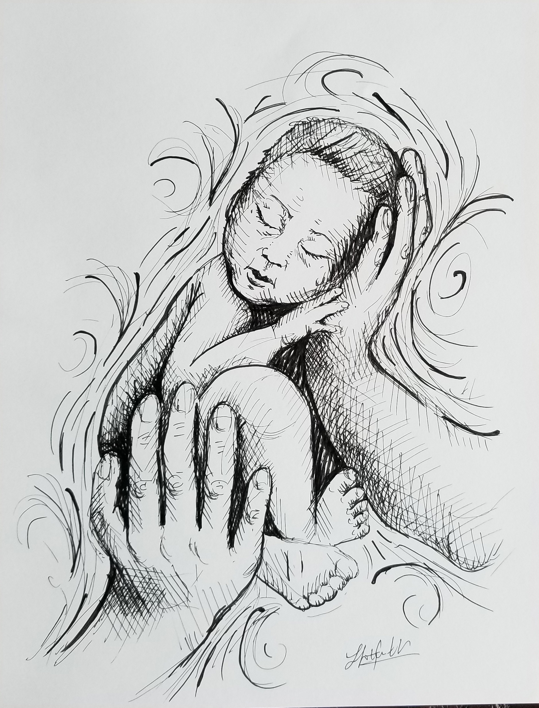 Infant held by loving hands, black-and-white drawing