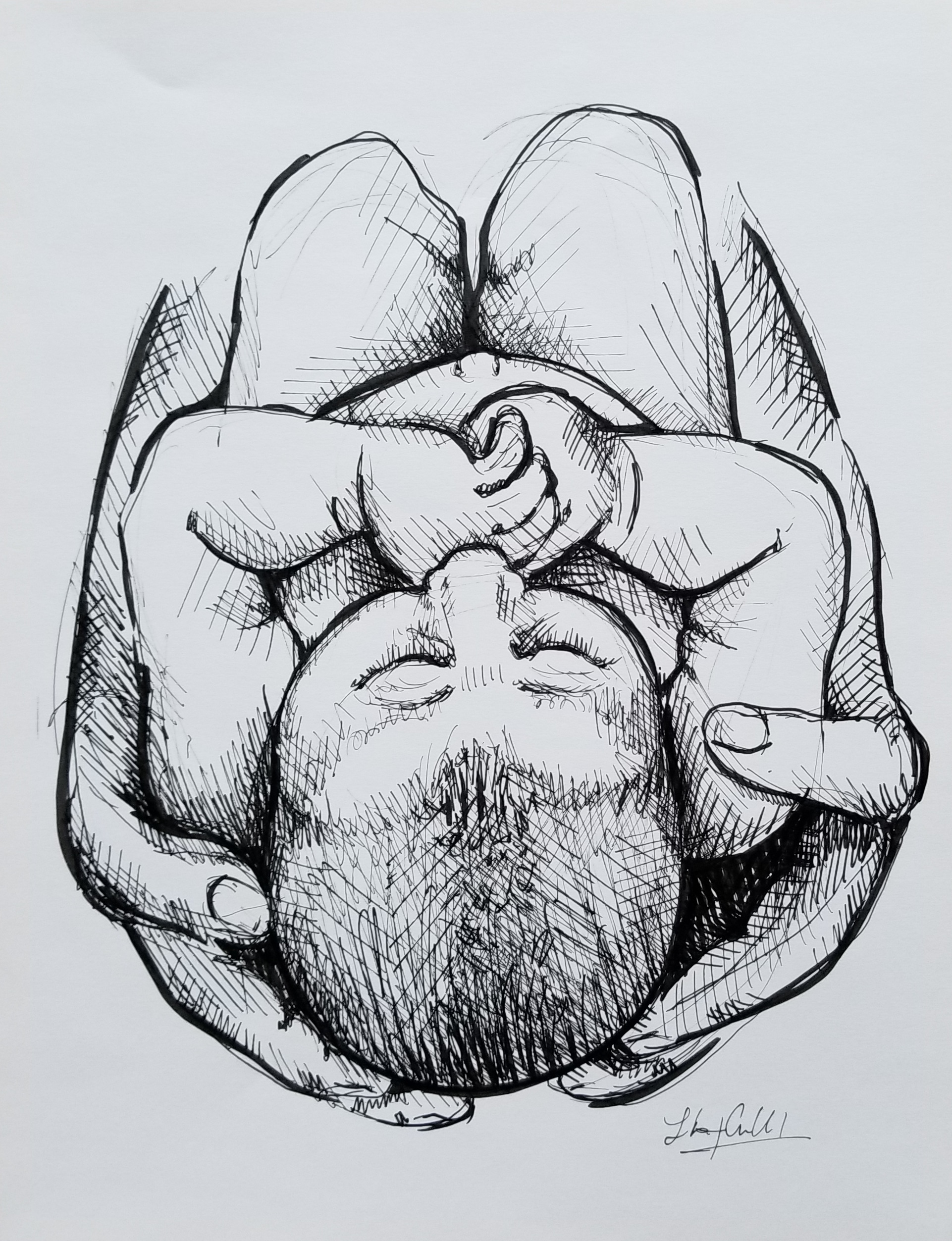 Top view of infant held by mother's hands, black-and-white drawing