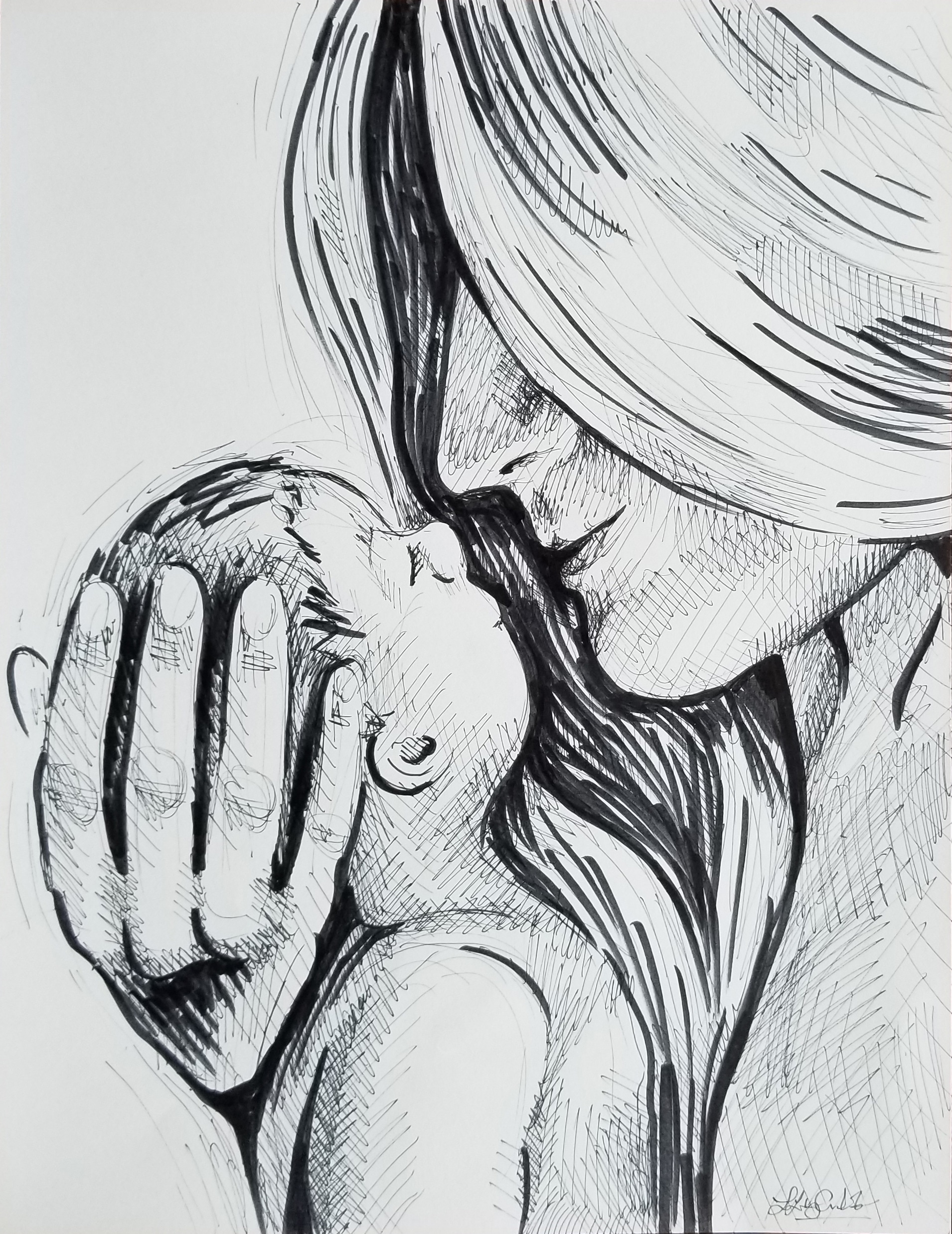 Mother holding baby near face, black-and-white drawing