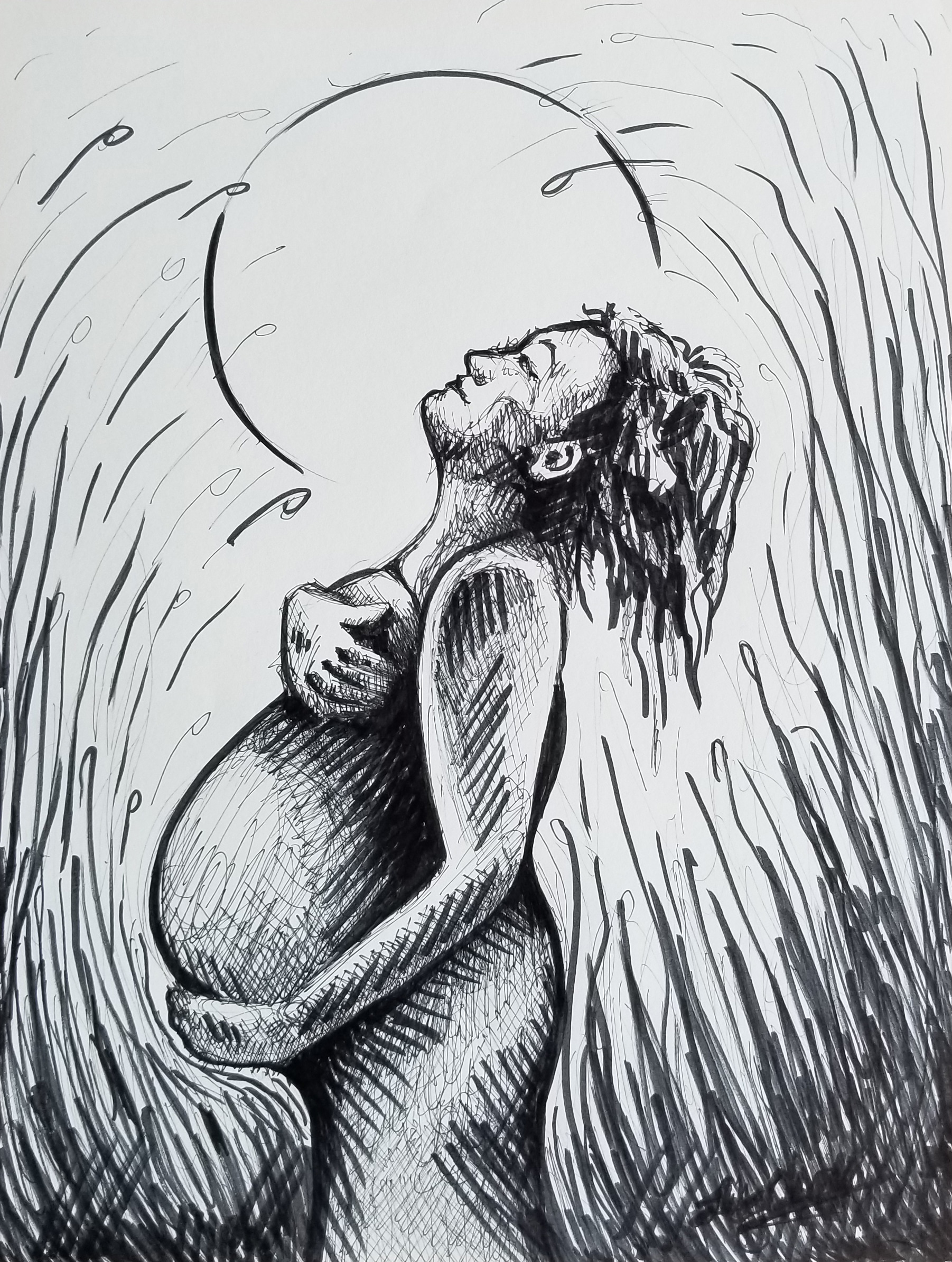 Woman standing with arm wrapped around pregnant stomach, black-and-white drawing