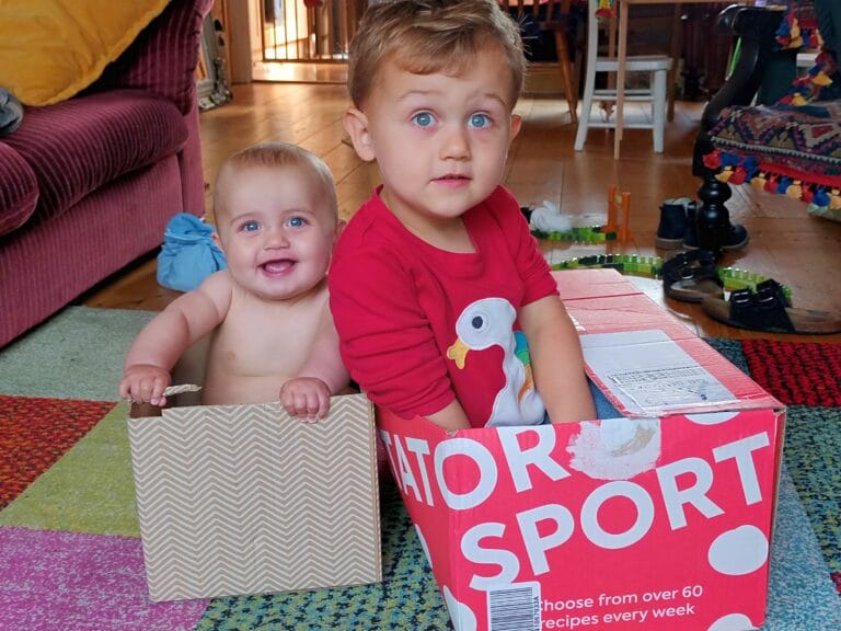 Toddler and baby playing in cardboard boxes, color photo