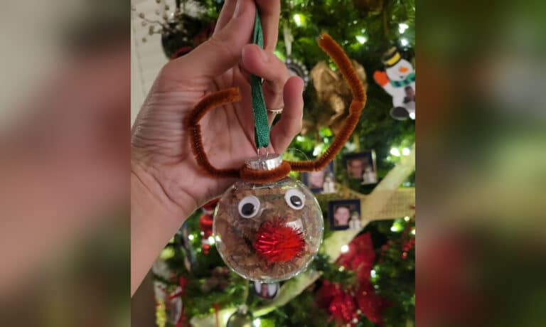 Mother's hand holding reindeer ornament