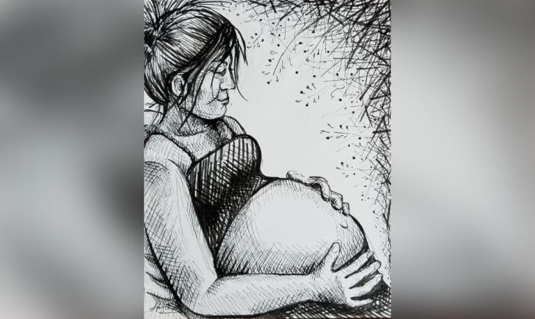Mother holding pregnant belly, black-and-white drawing
