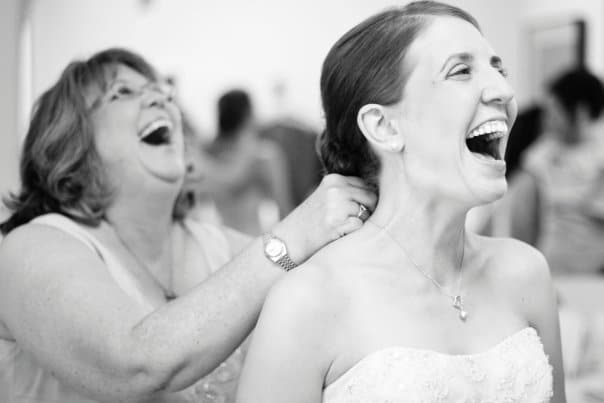 Mother and daughter on wedding day, black-and-white photo