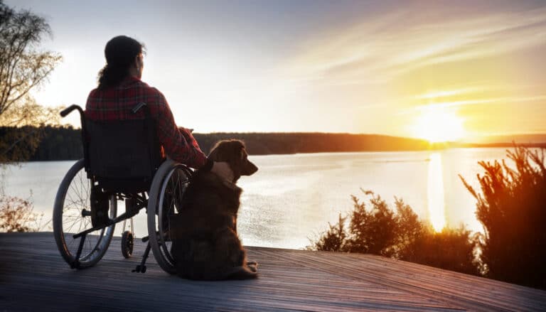 woman in wheelchair with dog at sunset