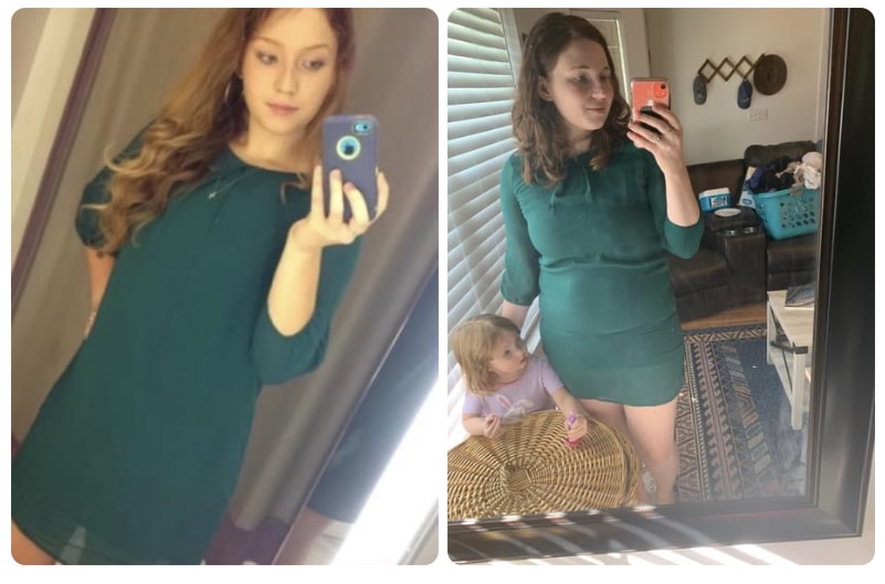 Two photos of woman in same green dress, color photo