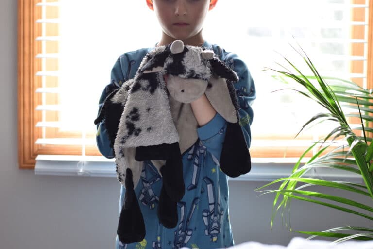 Little boy holding cow stuffed animal, color photo