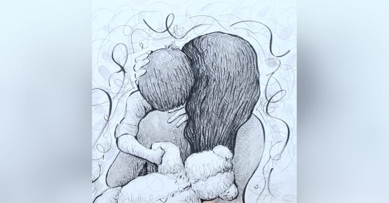 Drawing of mother holding toddler, black-and-white photo