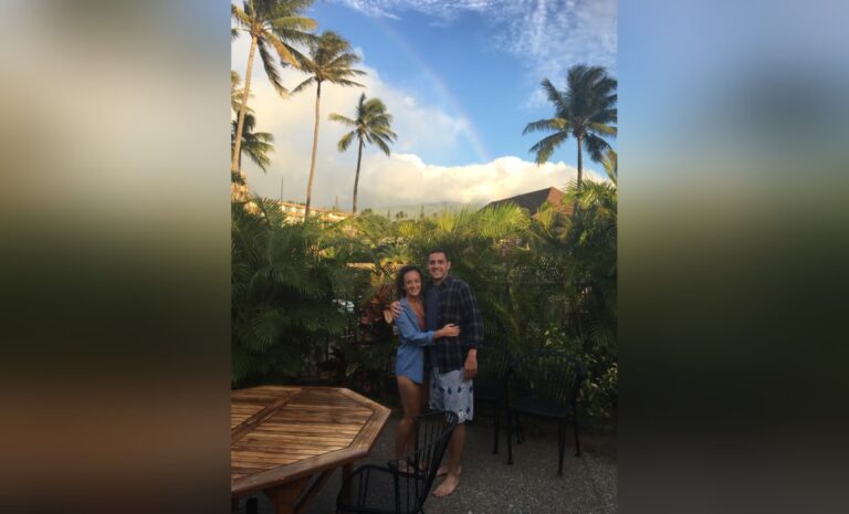 Husband and wife in tropical destination, color photo