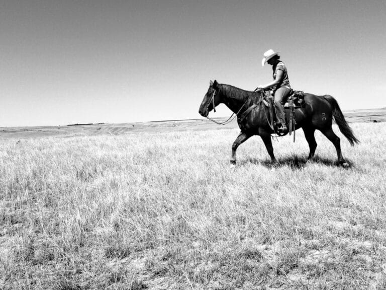 Woman on horse, black-and-white photo