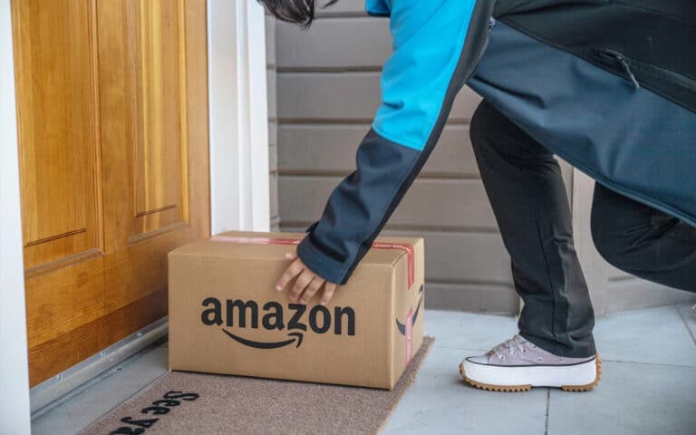 Amazon package being delivered on doorstep