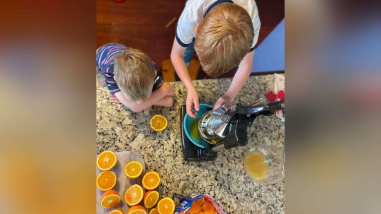 Two kids helping juice oranges, color photo