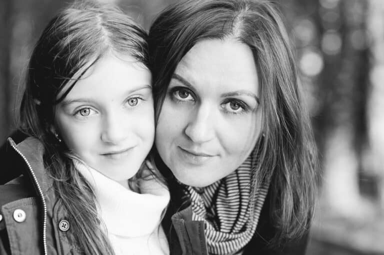 Mother and daughter black and white photo