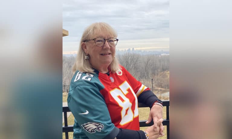 Donna Kelce in split Philadelphia Eagles and Kansas City Chiefs jersey