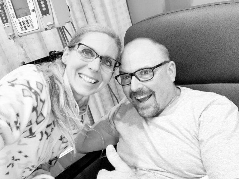 Husband and wife in hospital, black-and-white photo