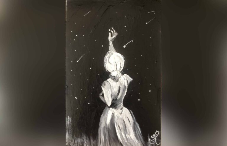 Black-and-white drawing of woman looking into night sky