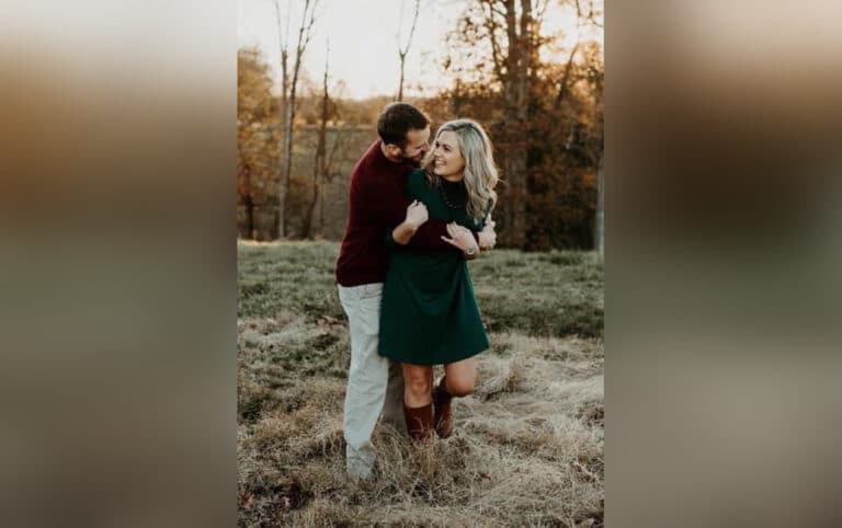 Husband and wife hugging, color photo