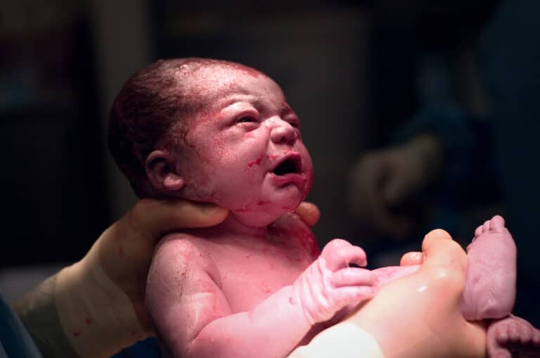Newborn baby crying in doctor's hands