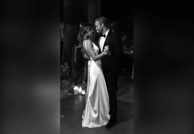 Bride and groom on the dance floor, black-and-white photo