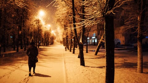 Woman walks down a snowy path with streetlights at night