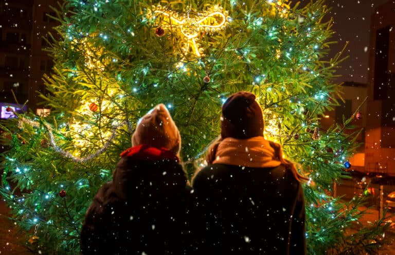 Two woman stand looking at lit christmas tree