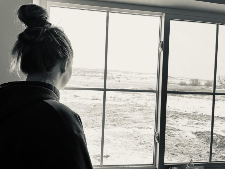 Black and white image of woman looking out window onto snowy field