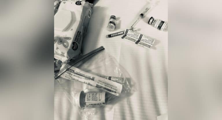 Black-and-white photo of medical supplies