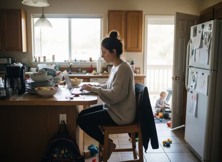 Busy mom at messy kitchen table with child playing nearby on the floor