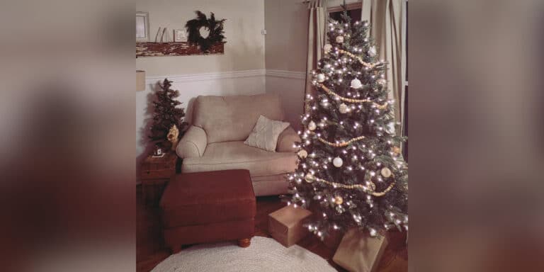Christmas tree and empty chair in living room