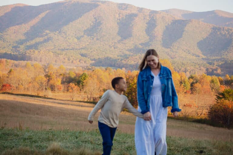 Mother and son walking outside