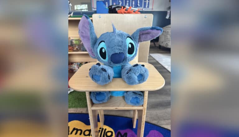 Stuffed animal sitting in a small chair