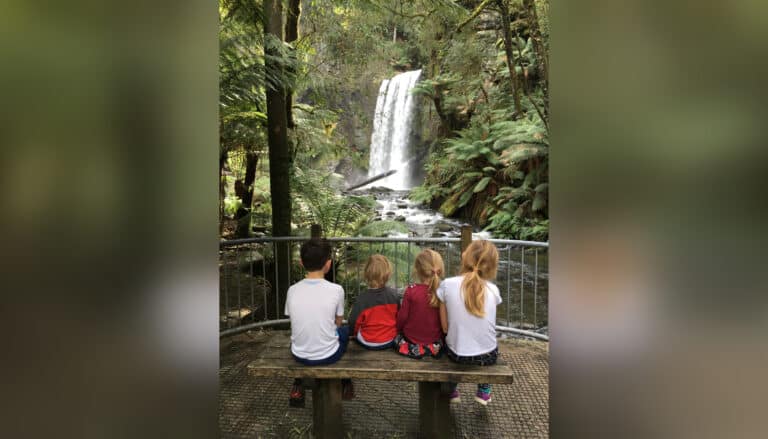 Four kids sitting on bench looking at a waterfall