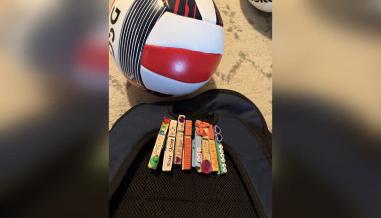 Volleyball and backpack with colorful clothespins
