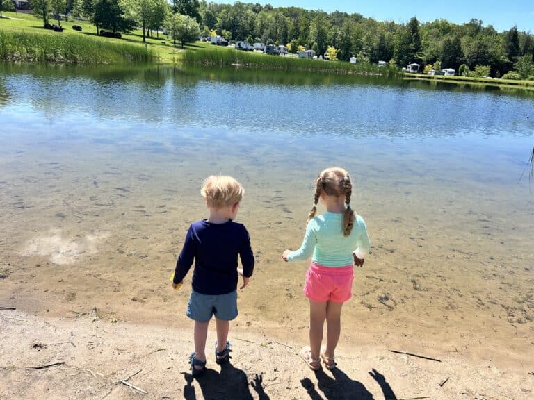 Kids looking at lake in summer