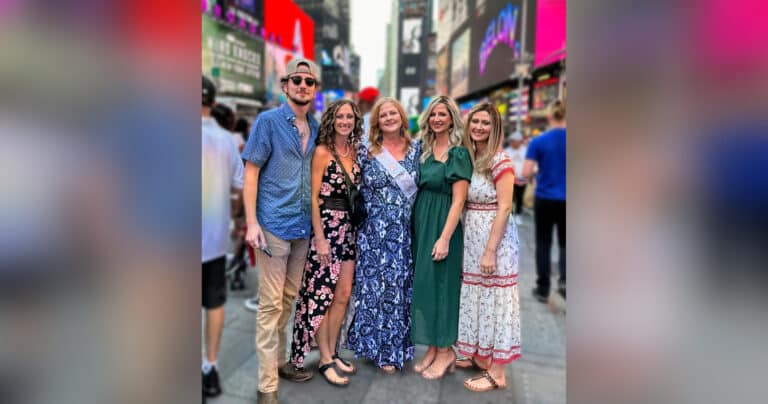 Family posing in Time Square